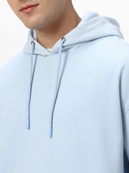 Men's Ballad Blue Cotton Solid Oversized Hooded Neck Sweatshirt