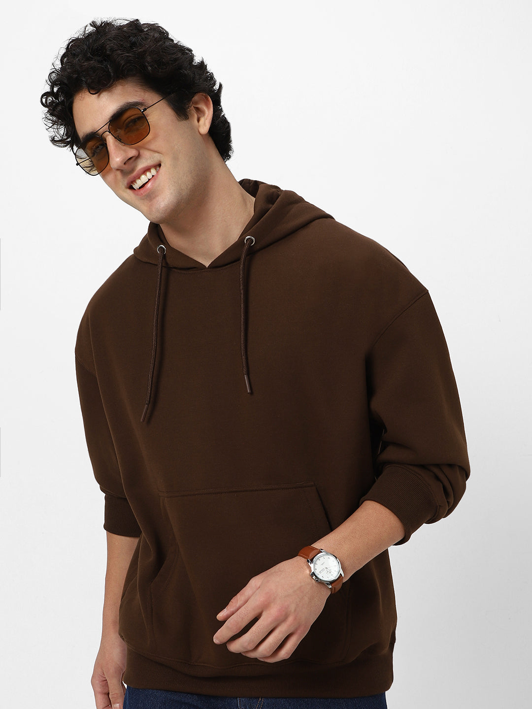 Men's Chocolate Brown Cotton Solid Oversized Hooded Neck Sweatshirt