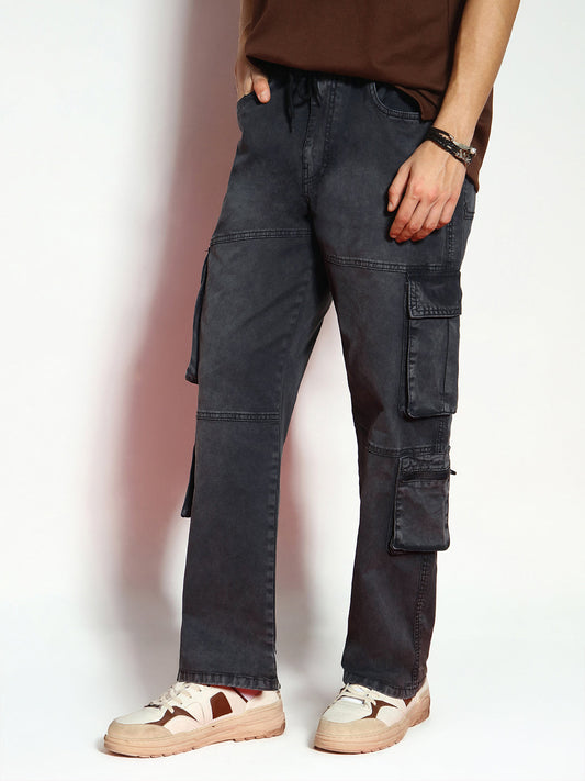 Men's Black Loose Baggy Fit Travel Cargo Jeans With 8 Pockets Stretchable