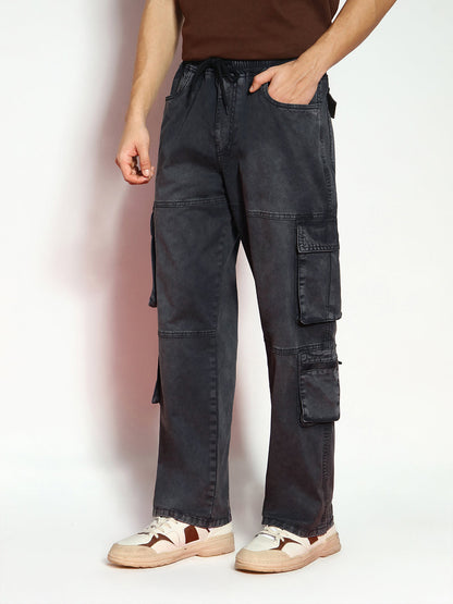 Men's Black Loose Baggy Fit Travel Cargo Jeans With 8 Pockets Stretchable