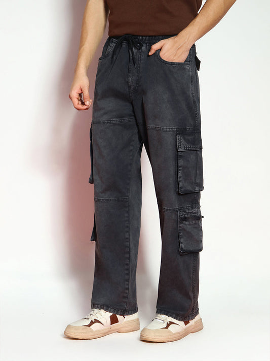 Men's Black Loose Baggy Fit Travel Cargo Jeans With 8 Pockets Stretchable