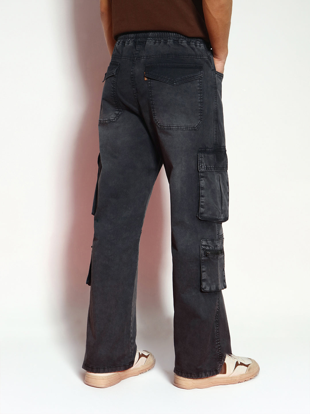 Men's Black Loose Baggy Fit Travel Cargo Jeans With 8 Pockets Stretchable