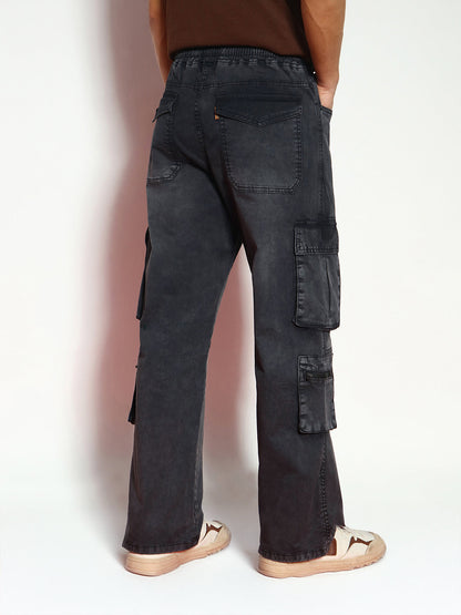 Men's Black Loose Baggy Fit Travel Cargo Jeans With 8 Pockets Stretchable