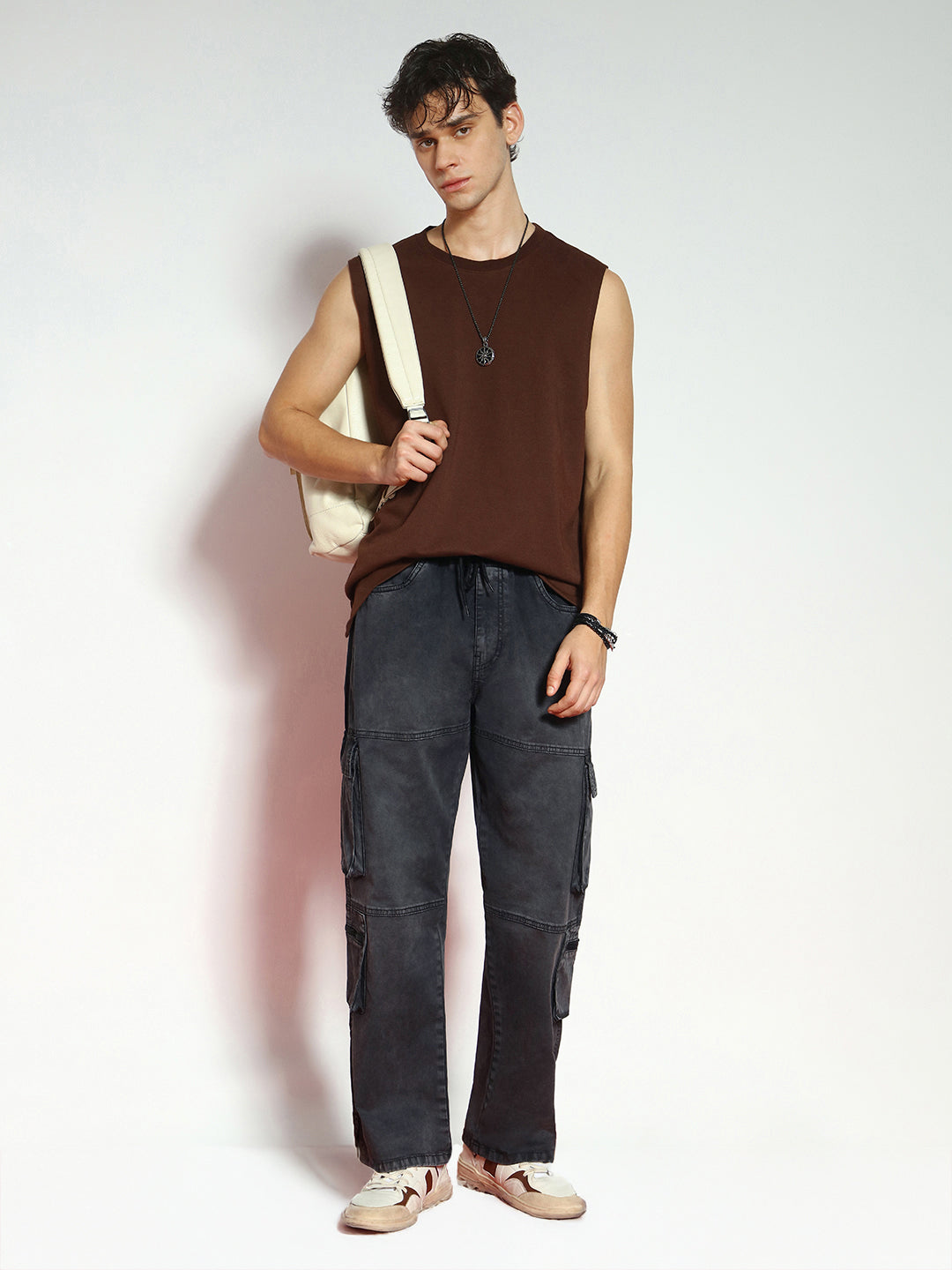 Men's Black Loose Baggy Fit Travel Cargo Jeans With 8 Pockets Stretchable