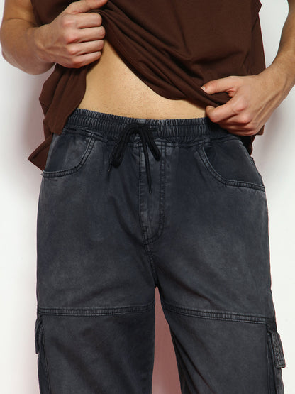 Men's Black Loose Baggy Fit Travel Cargo Jeans With 8 Pockets Stretchable