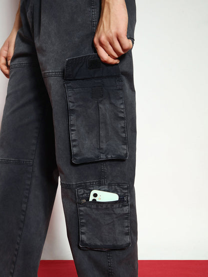 Men's Black Loose Baggy Fit Travel Cargo Jeans With 8 Pockets Stretchable