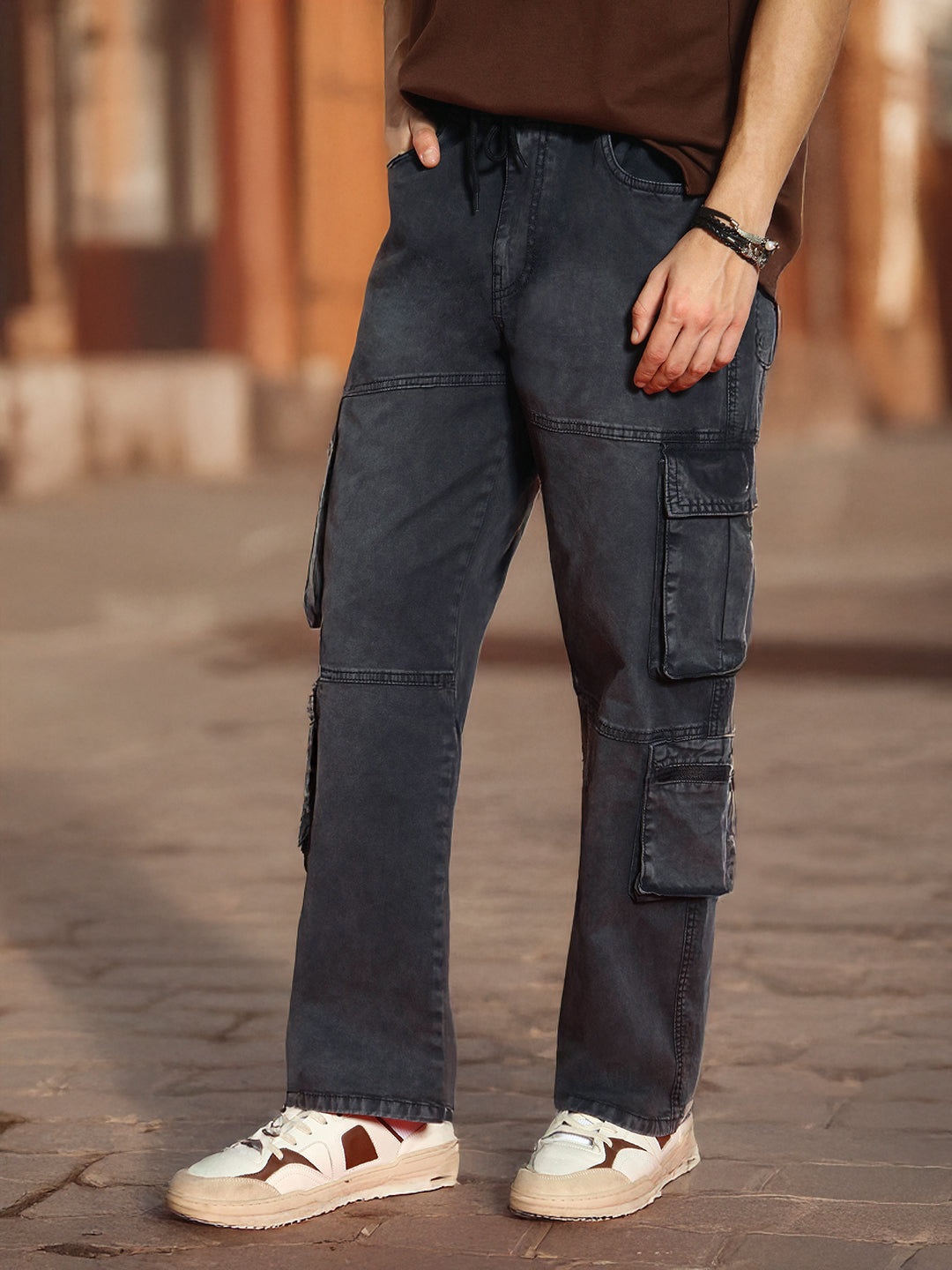 Men's Black Loose Baggy Fit Travel Cargo Jeans With 8 Pockets Stretchable