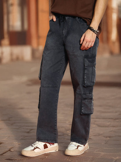 Men's Black Loose Baggy Fit Travel Cargo Jeans With 8 Pockets Stretchable