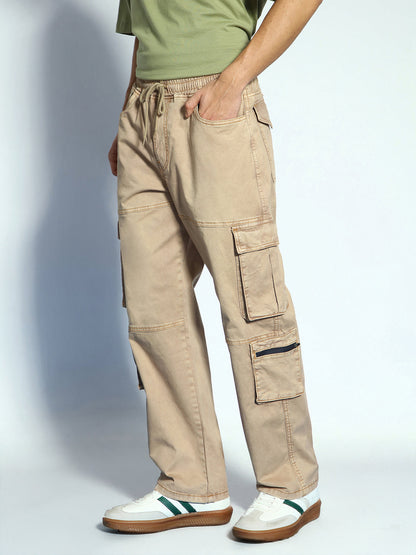 Men's Dark Beige Loose Baggy Fit Travel Cargo Jeans With 8 Pockets Stretchable
