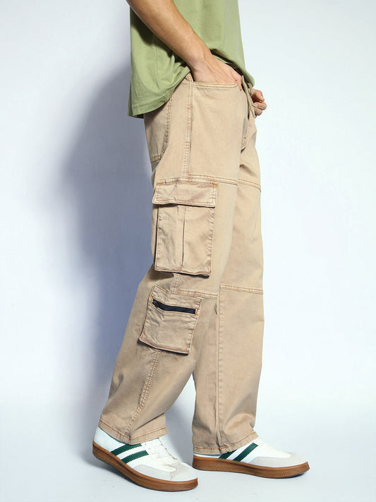 Men's Dark Beige Loose Baggy Fit Travel Cargo Jeans With 8 Pockets Stretchable