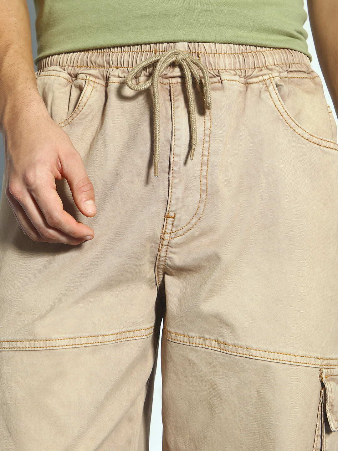 Men's Dark Beige Loose Baggy Fit Travel Cargo Jeans With 8 Pockets Stretchable