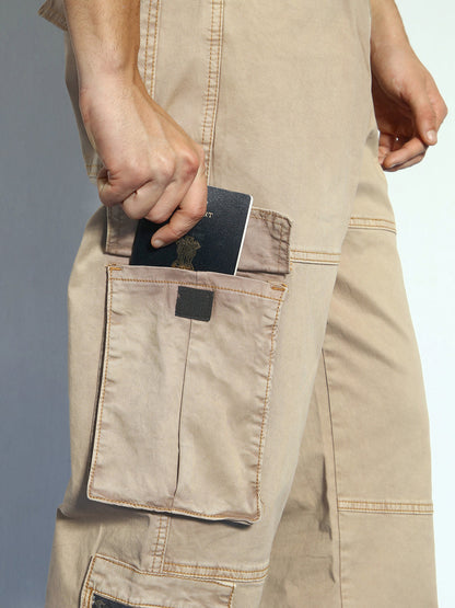 Men's Dark Beige Loose Baggy Fit Travel Cargo Jeans With 8 Pockets Stretchable