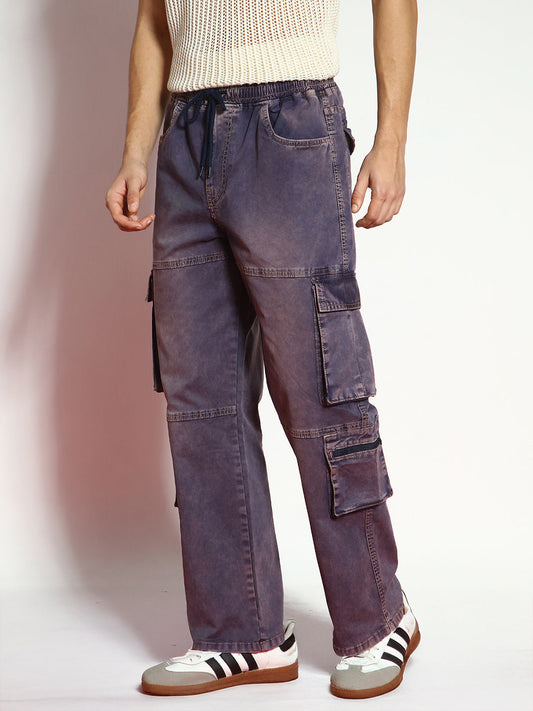 Men's Dark Blue Loose Baggy Fit Travel Cargo Jeans With 8 Pockets Stretchable