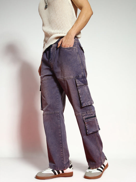 Men's Dark Blue Loose Baggy Fit Travel Cargo Jeans With 8 Pockets Stretchable