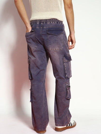 Men's Dark Blue Loose Baggy Fit Travel Cargo Jeans With 8 Pockets Stretchable