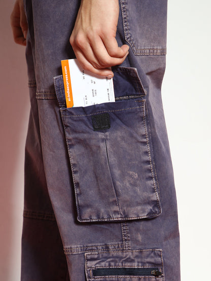 Men's Dark Blue Loose Baggy Fit Travel Cargo Jeans With 8 Pockets Stretchable