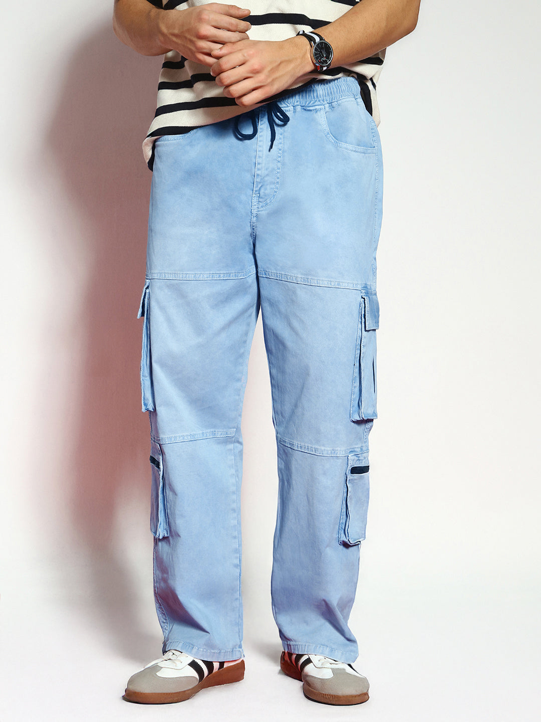 Men's Ice Blue Loose Baggy Fit Travel Cargo Jeans With 8 Pockets Stretchable