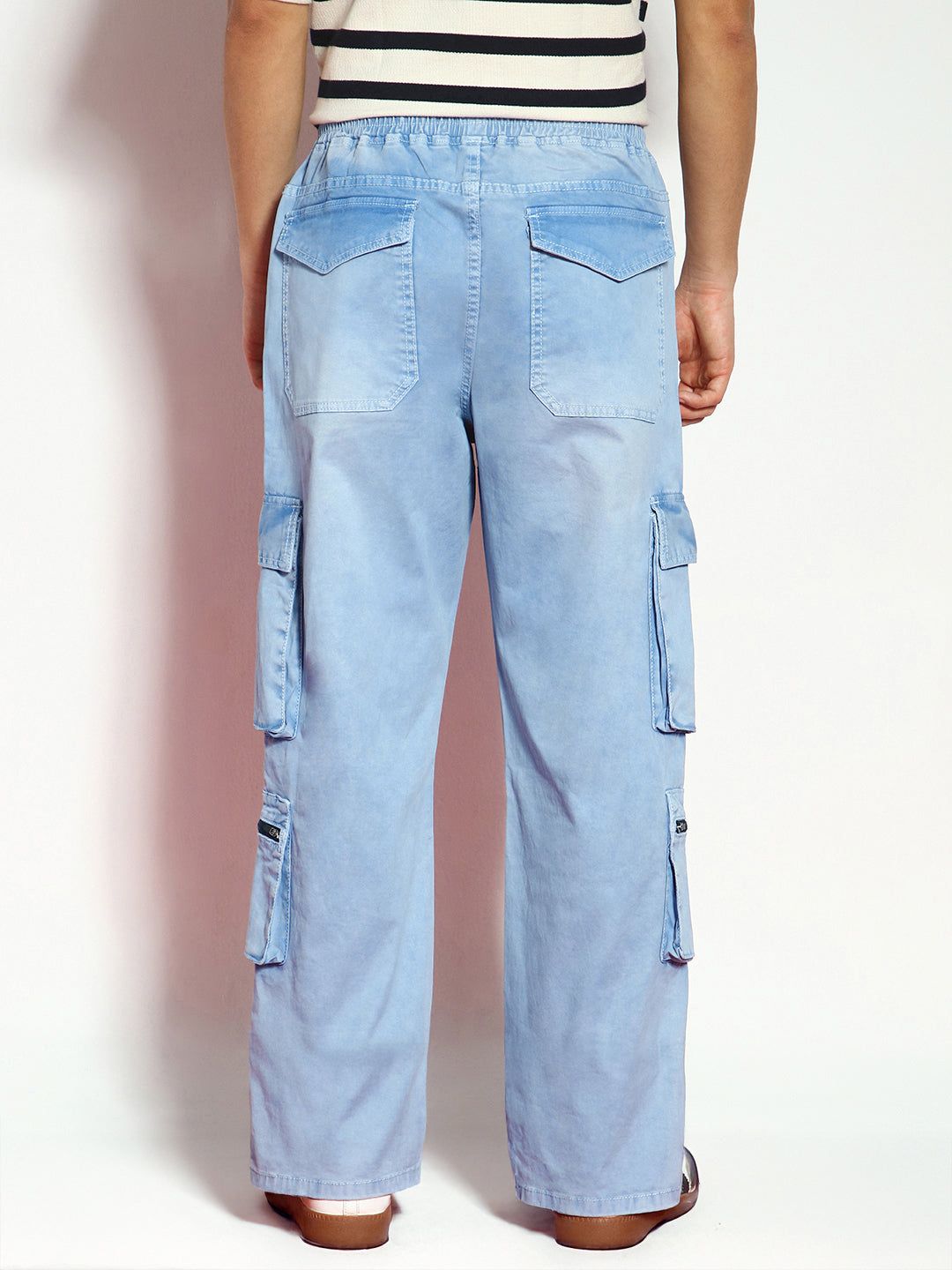 Men's Ice Blue Loose Baggy Fit Travel Cargo Jeans With 8 Pockets Stretchable