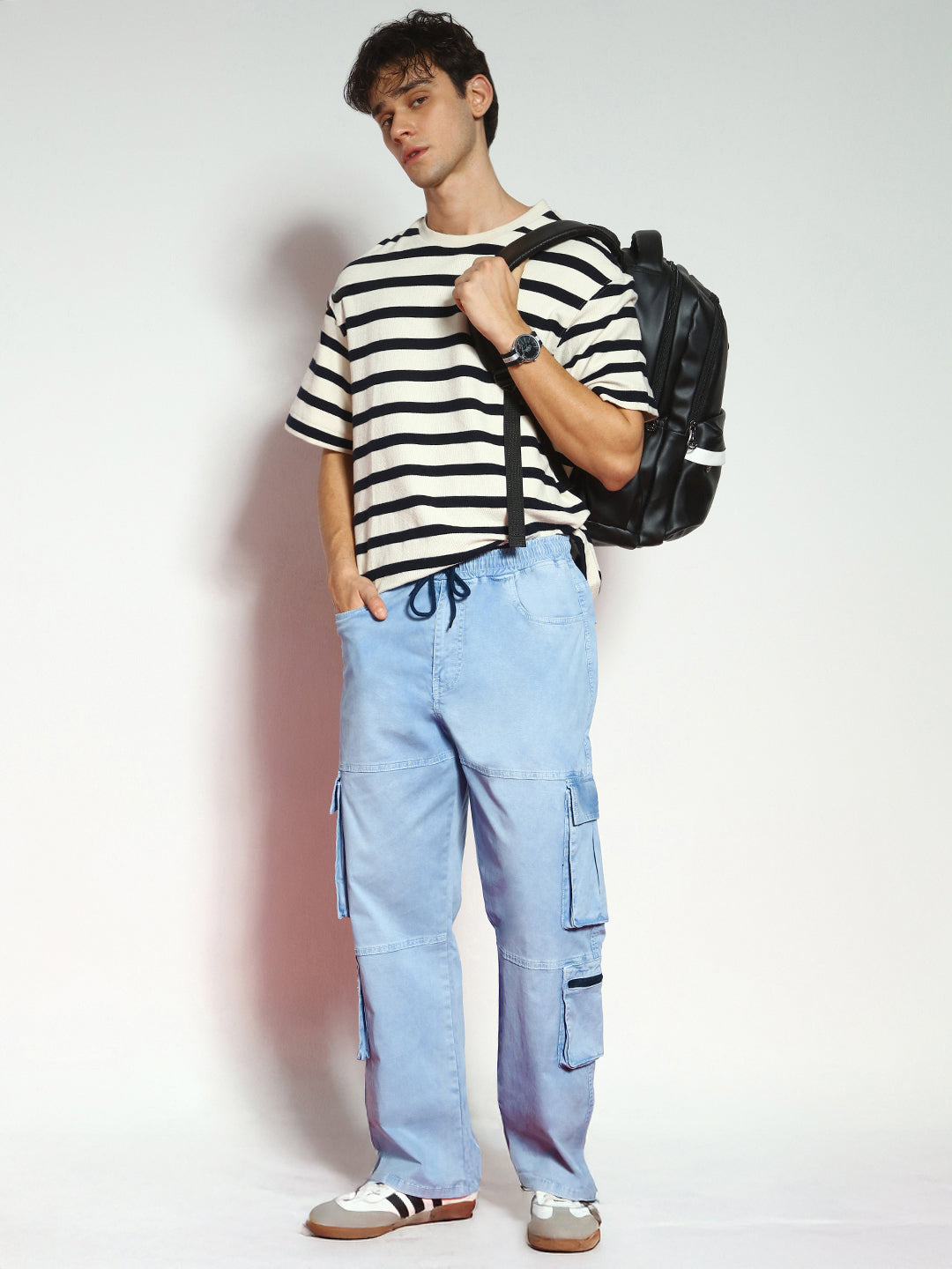 Men's Ice Blue Loose Baggy Fit Travel Cargo Jeans With 8 Pockets Stretchable