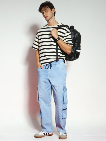 Men's Ice Blue Loose Baggy Fit Travel Cargo Jeans With 8 Pockets Stretchable