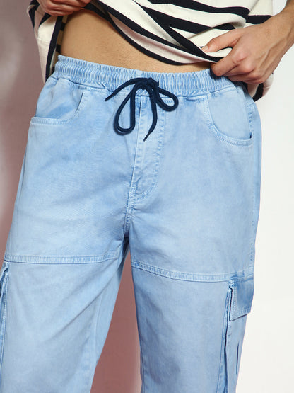 Men's Ice Blue Loose Baggy Fit Travel Cargo Jeans With 8 Pockets Stretchable