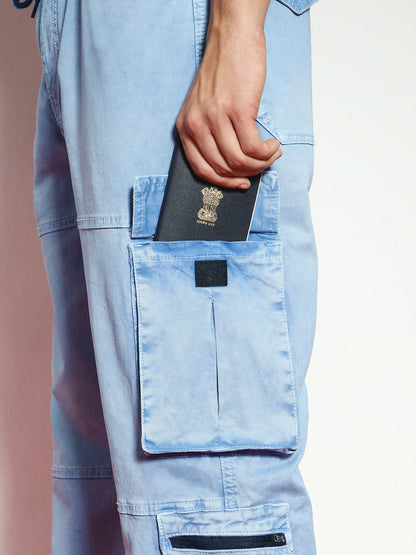 Men's Ice Blue Loose Baggy Fit Travel Cargo Jeans With 8 Pockets Stretchable