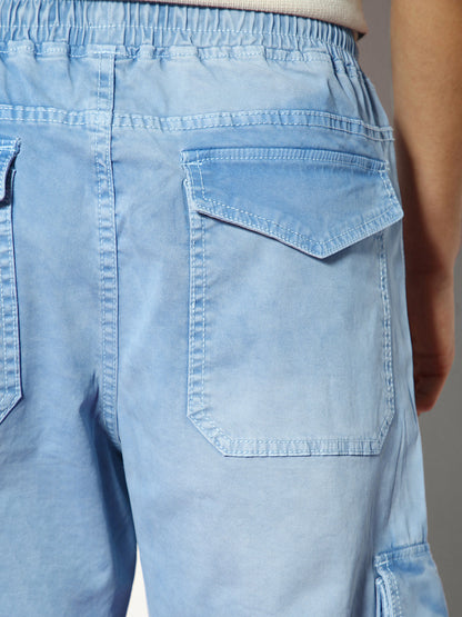 Men's Ice Blue Loose Baggy Fit Travel Cargo Jeans With 8 Pockets Stretchable