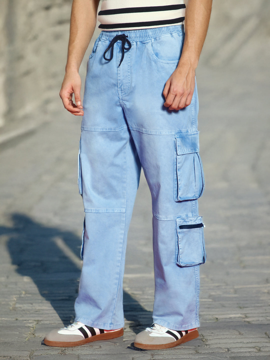 Men's Ice Blue Loose Baggy Fit Travel Cargo Jeans With 8 Pockets Stretchable