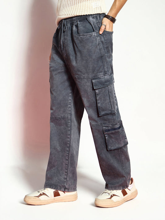 Men's Grey Loose Baggy Fit Travel Cargo Jeans With 8 Pockets Stretchable
