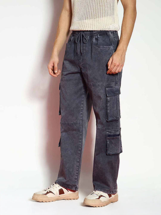 Men's Grey Loose Baggy Fit Travel Cargo Jeans With 8 Pockets Stretchable