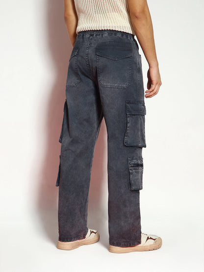 Men's Grey Loose Baggy Fit Travel Cargo Jeans With 8 Pockets Stretchable