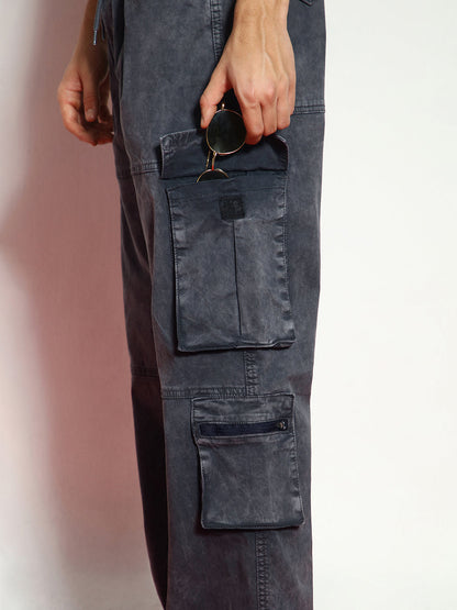 Men's Grey Loose Baggy Fit Travel Cargo Jeans With 8 Pockets Stretchable