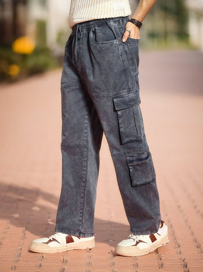 Men's Grey Loose Baggy Fit Travel Cargo Jeans With 8 Pockets Stretchable