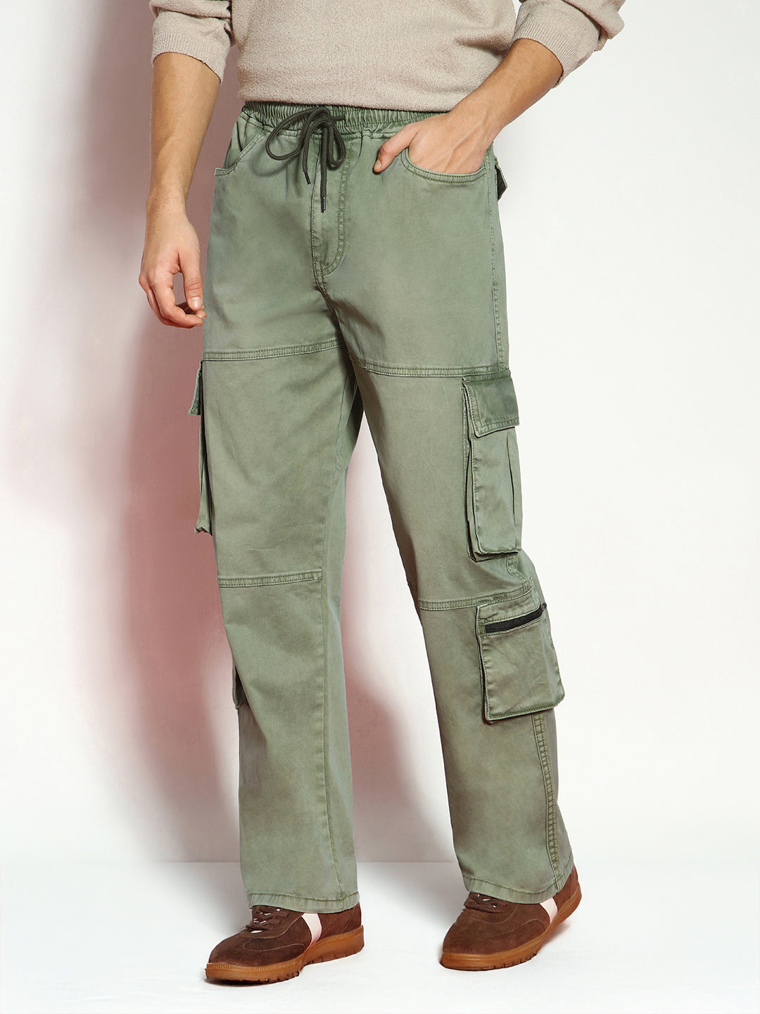 Men's Olive Loose Baggy Fit Travel Cargo Jeans With 8 Pockets Stretchable