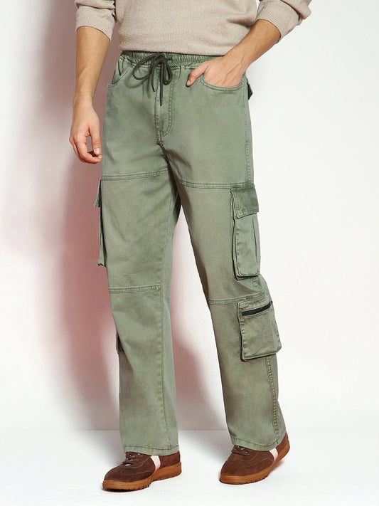 Men's Olive Loose Baggy Fit Travel Cargo Jeans With 8 Pockets Stretchable