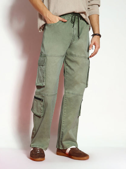 Men's Olive Loose Baggy Fit Travel Cargo Jeans With 8 Pockets Stretchable