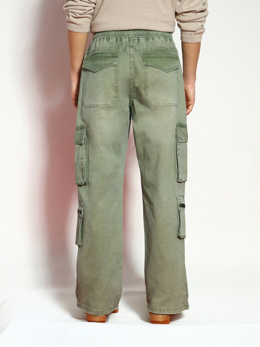 Men's Olive Loose Baggy Fit Travel Cargo Jeans With 8 Pockets Stretchable