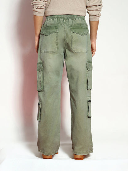 Men's Olive Loose Baggy Fit Travel Cargo Jeans With 8 Pockets Stretchable