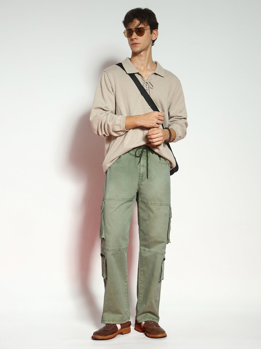 Men's Olive Loose Baggy Fit Travel Cargo Jeans With 8 Pockets Stretchable