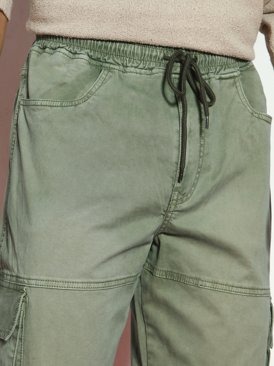 Men's Olive Loose Baggy Fit Travel Cargo Jeans With 8 Pockets Stretchable