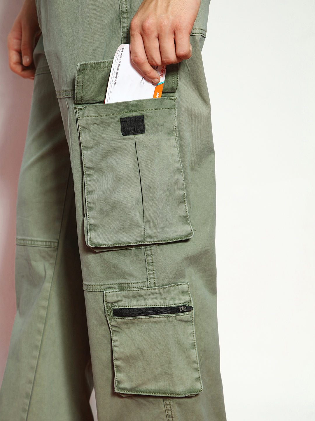 Men's Olive Loose Baggy Fit Travel Cargo Jeans With 8 Pockets Stretchable