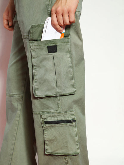Men's Olive Loose Baggy Fit Travel Cargo Jeans With 8 Pockets Stretchable