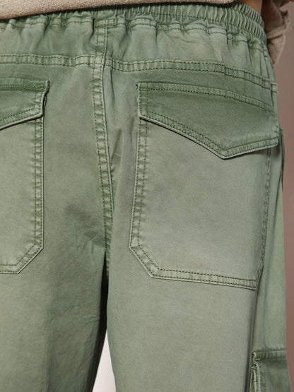 Men's Olive Loose Baggy Fit Travel Cargo Jeans With 8 Pockets Stretchable