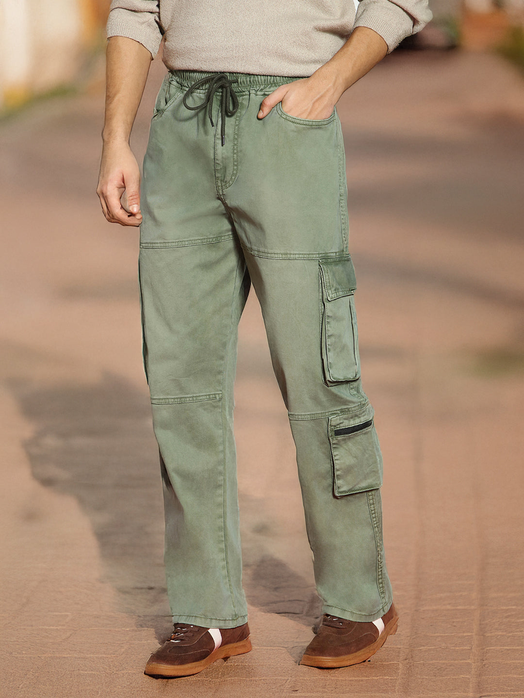 Men's Olive Loose Baggy Fit Travel Cargo Jeans With 8 Pockets Stretchable