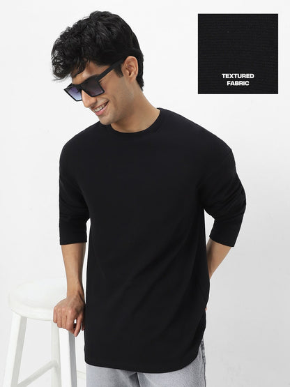 Men's Black Textured Round Neck Oversized Full Sleeve Cotton T-Shirt