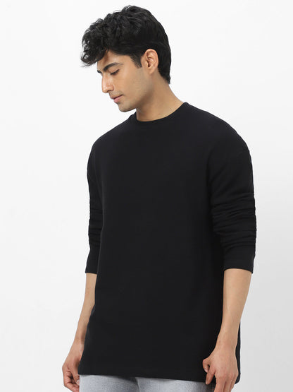 Men's Black Textured Round Neck Oversized Full Sleeve Cotton T-Shirt