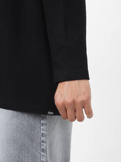Men's Black Textured Round Neck Oversized Full Sleeve Cotton T-Shirt
