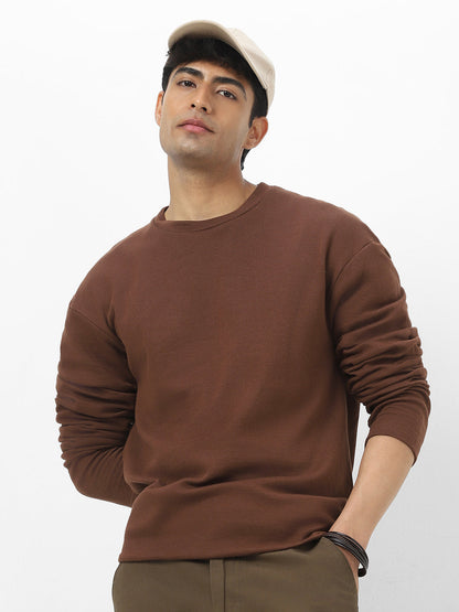 Men's Chocolate Brown Textured Round Neck Oversized Full Sleeve Cotton T-Shirt