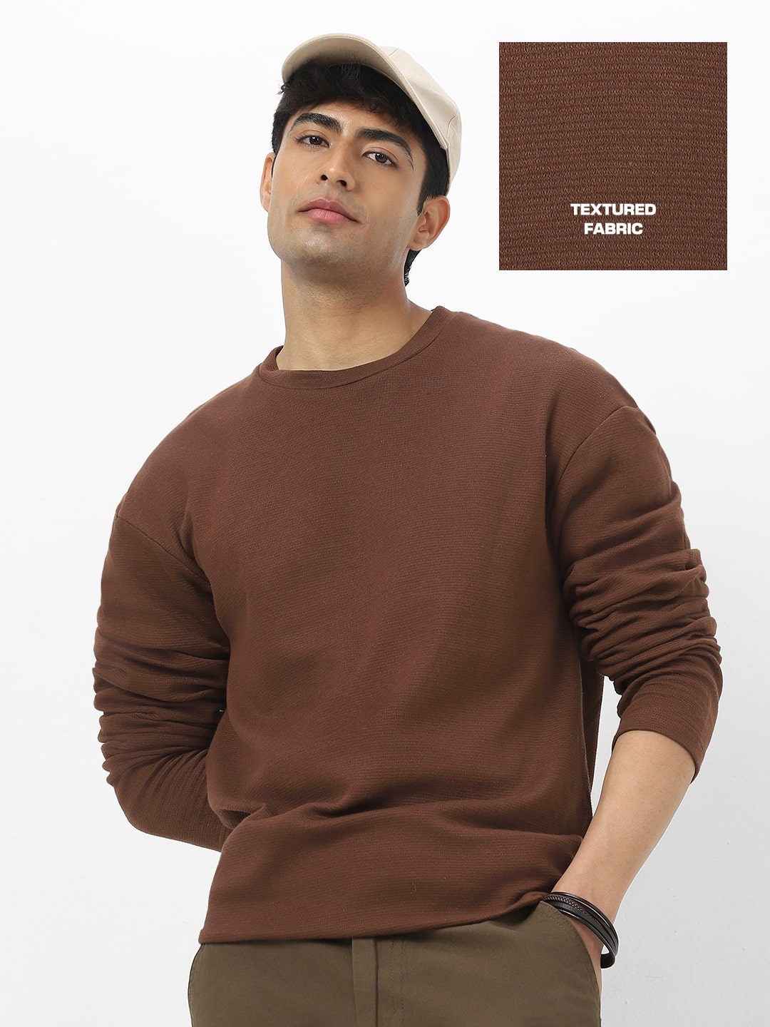 Men's Chocolate Brown Textured Round Neck Oversized Full Sleeve Cotton T-Shirt