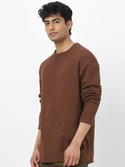 Men's Chocolate Brown Textured Round Neck Oversized Full Sleeve Cotton T-Shirt